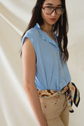 Mao Collar Sleeveless Blue Button up Blouse