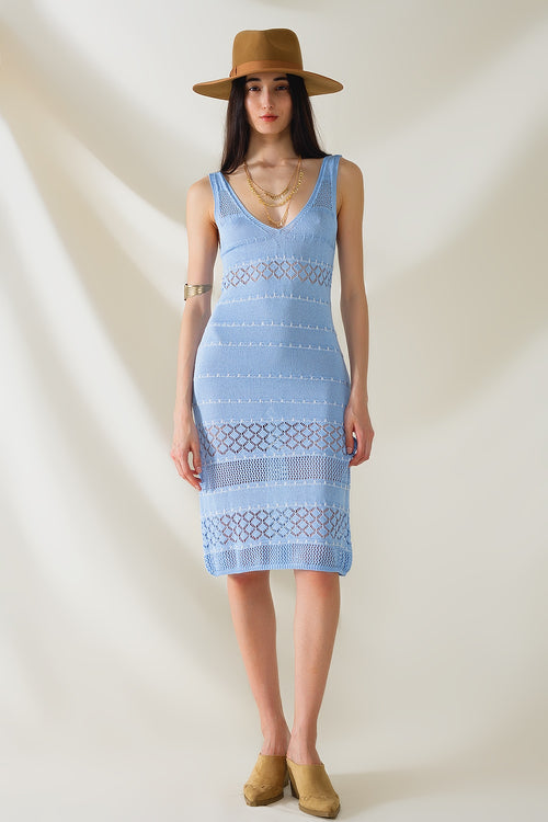 Baby Blue Midi Sleeveless Dress With V-neck and Crochet Design — view 1 of 6