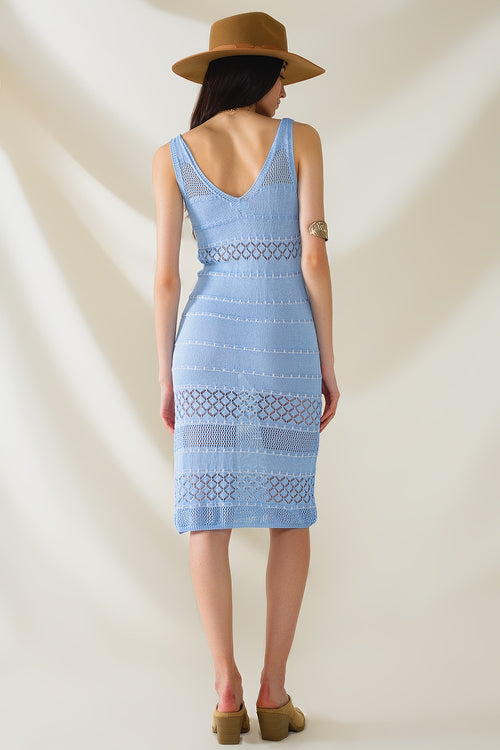 Baby Blue Midi Sleeveless Dress With V-neck and Crochet Design — view 2 of 6