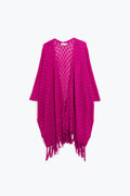 Fuchsia Open Cardigan With Fringe Ends and 3/4 sleeves