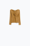 Beige Long Sleeve Shirt With Knot Detail and V-neck
