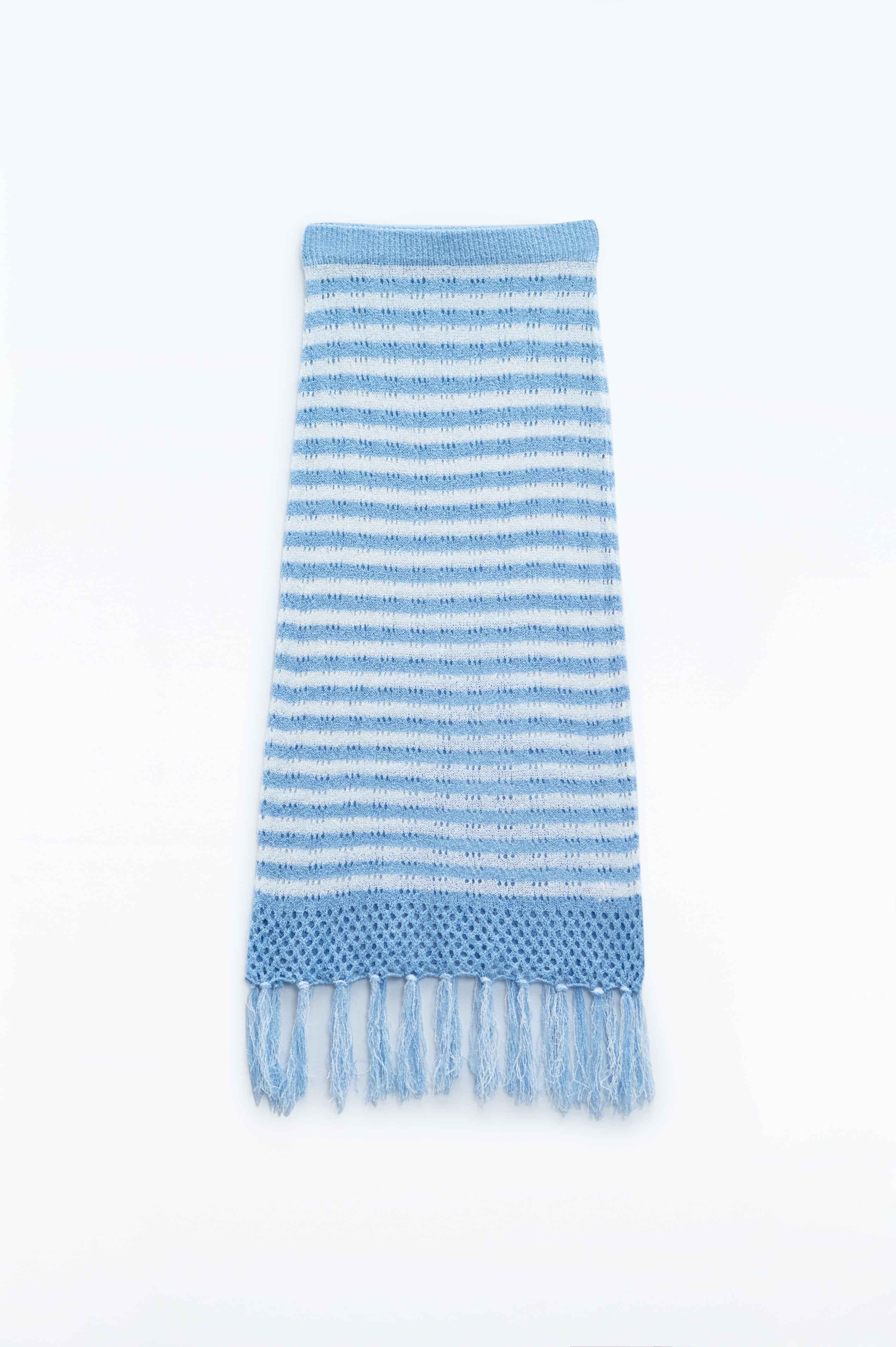 Midi Crochet White Skirt With Blue Stripes and Fringe Hem