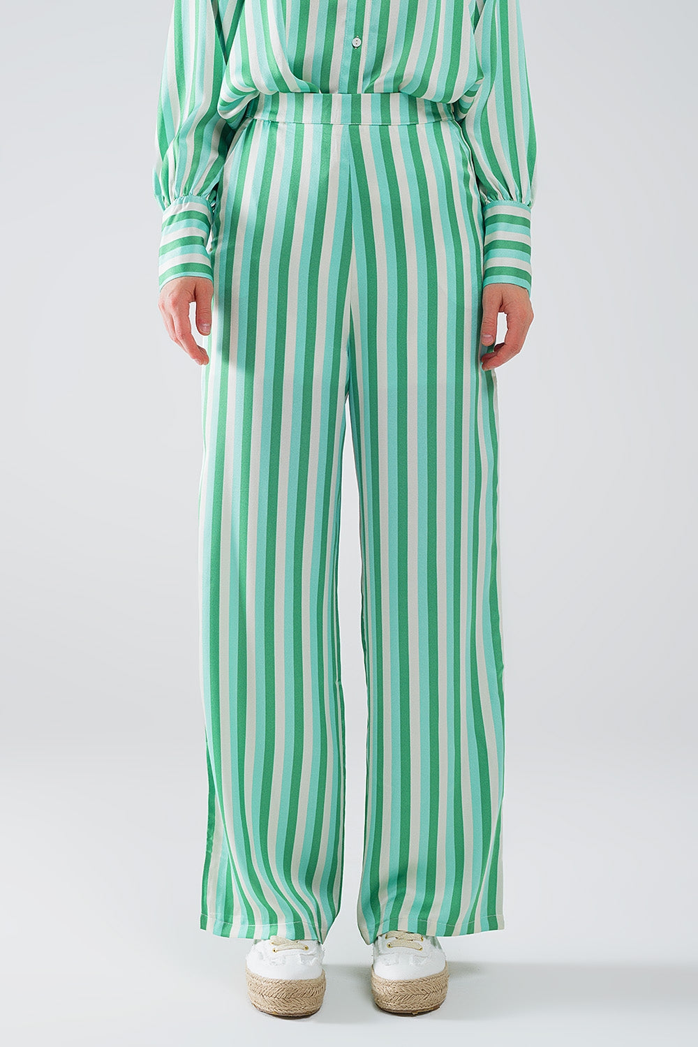 Vertical Striped Straight Leg satin Pants in Green