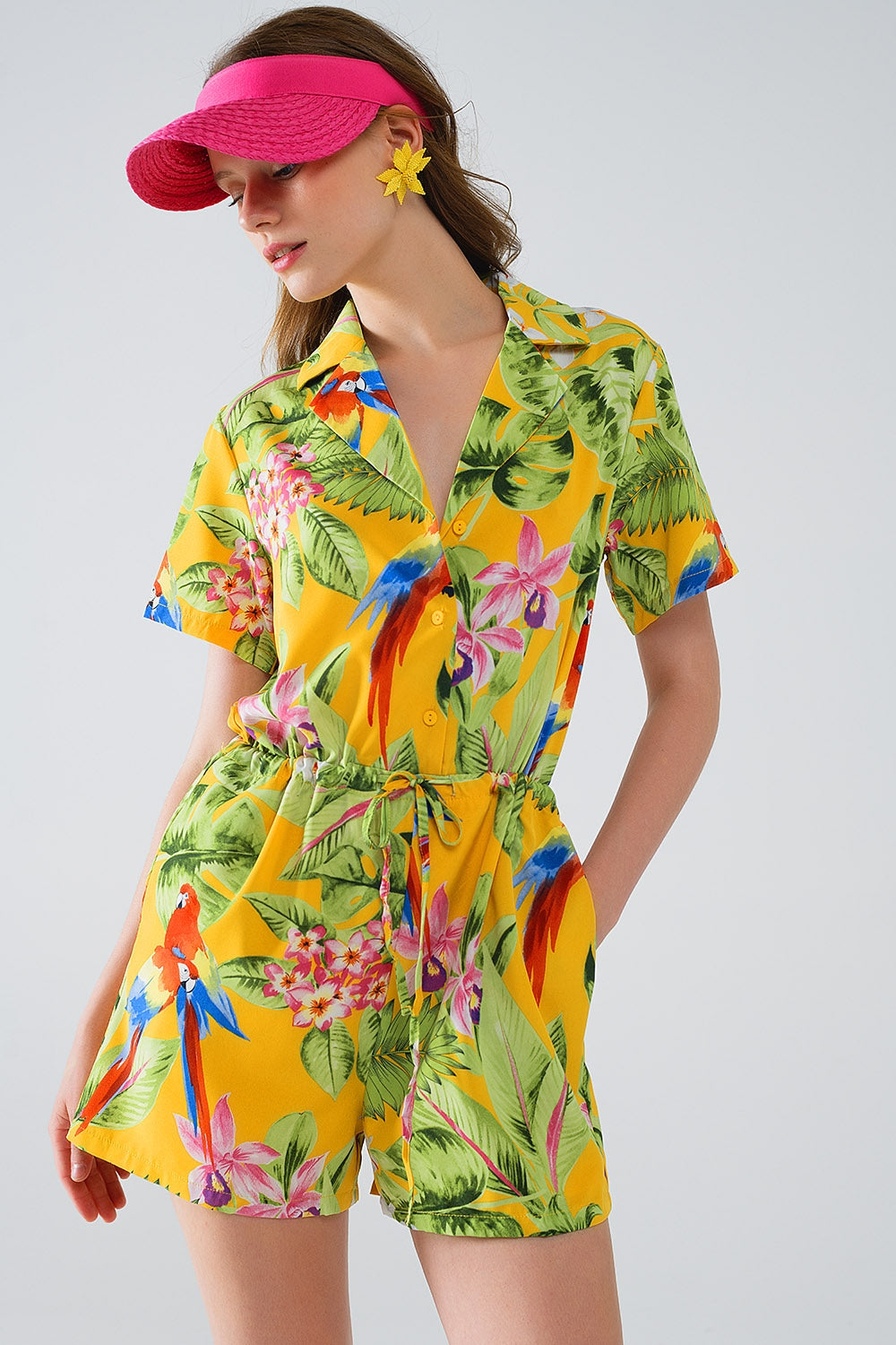 UNIKCOSA Yellow Short Jumpsuit with Tropical Print and Drawstring Closure