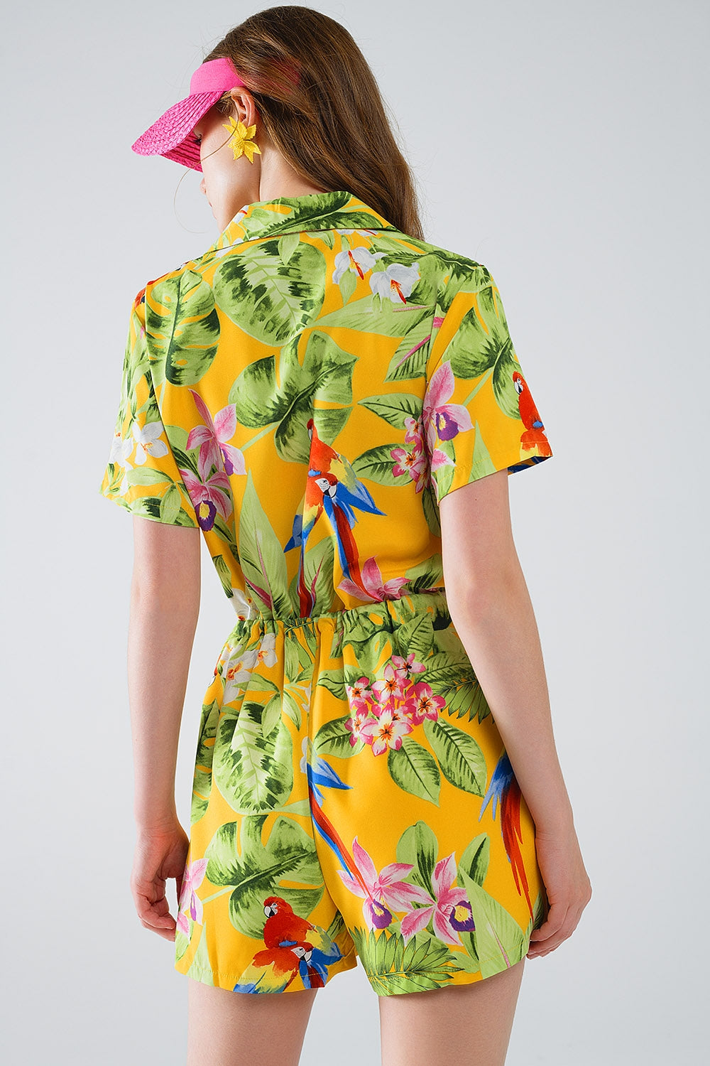 UNIKCOSA Yellow Short Jumpsuit with Tropical Print and Drawstring Closure