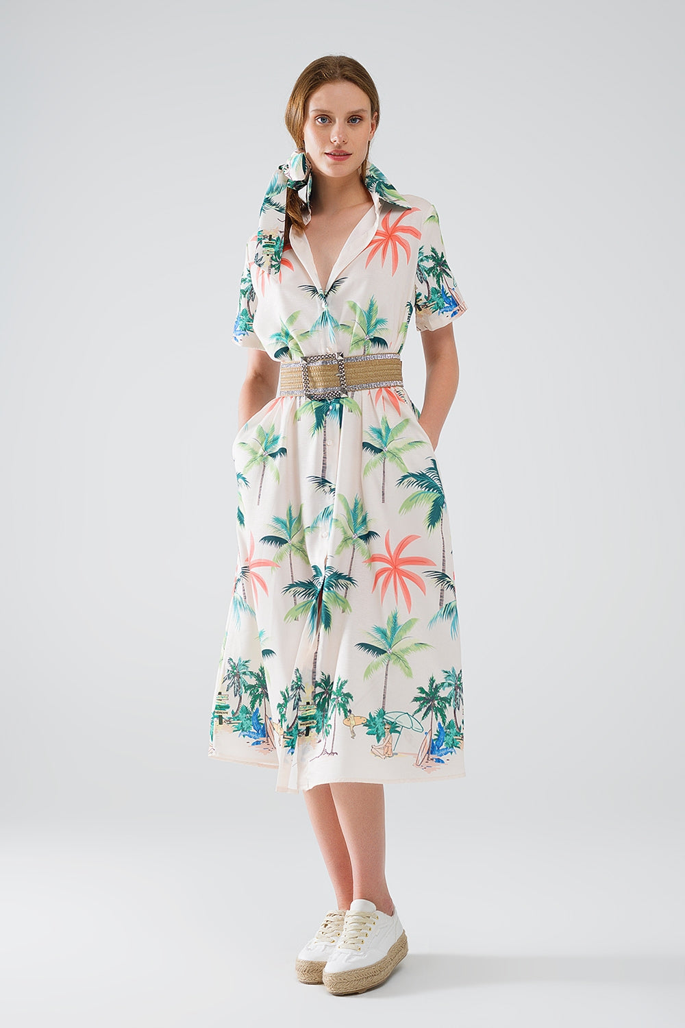 Cream Midi Dress with Beach Print and Polo Collar