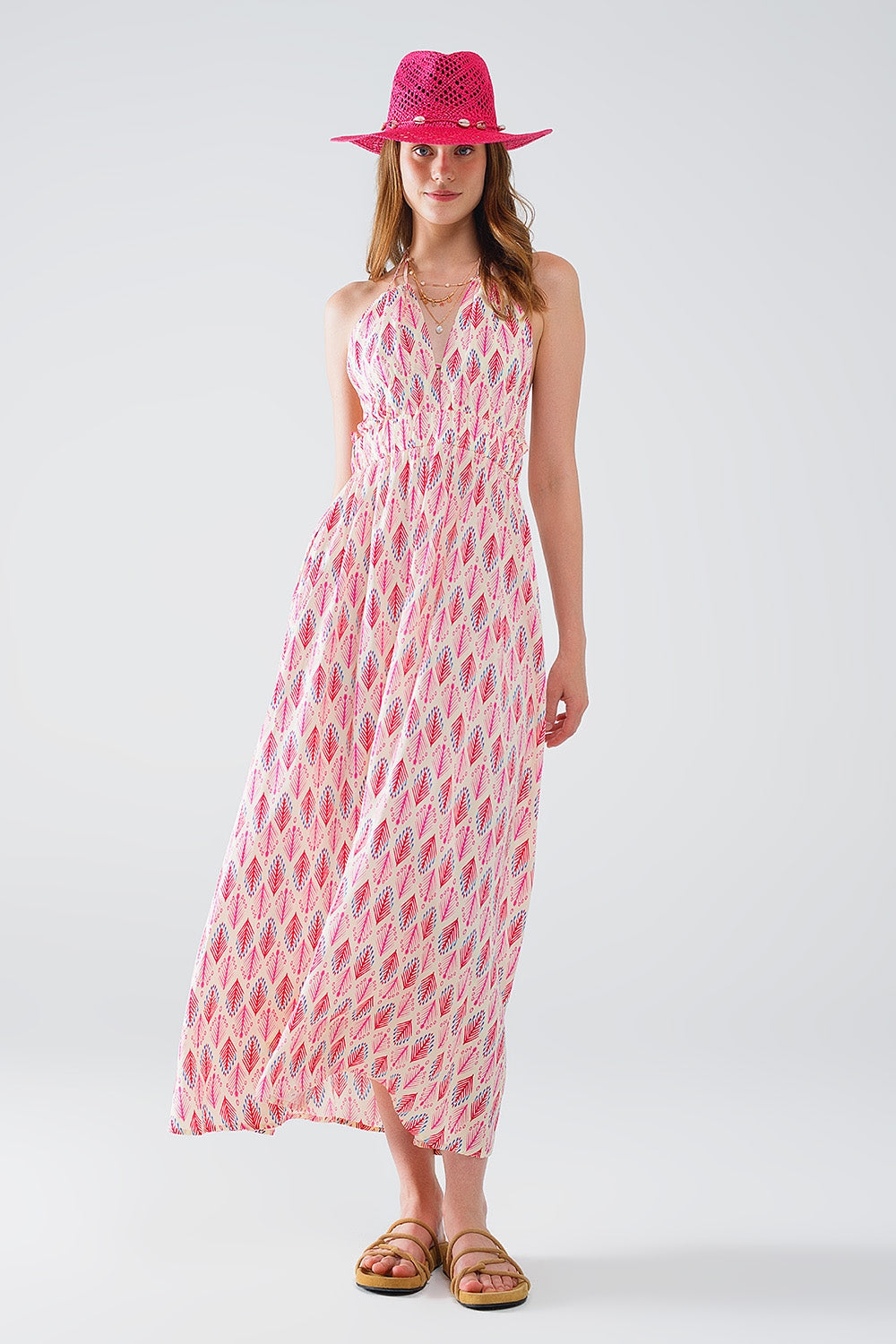 Maxi Summer Dress With Feather Print and Open Back in Pink