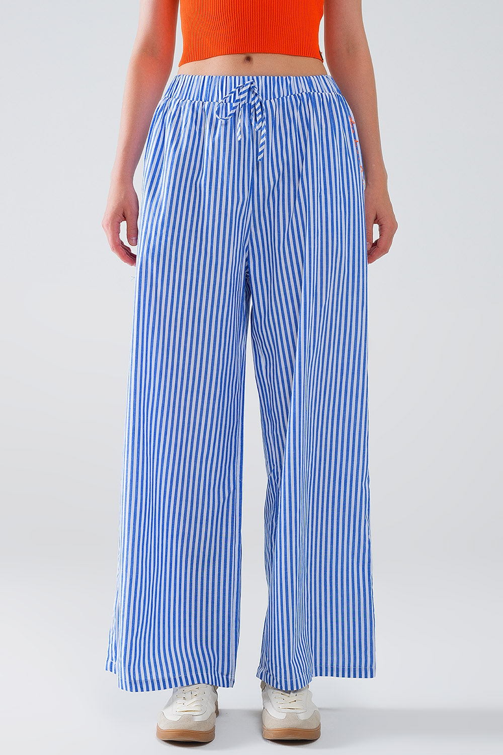 Blue Striped Pants with Elastic Waist and Pockets