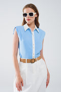 Blue Shirt With White Seams And Button Up Closing