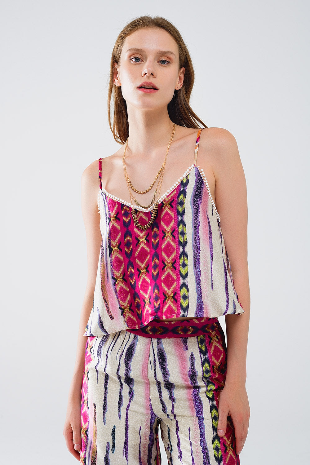 Satin Multicolored Sleeveless Top With Abstract Print