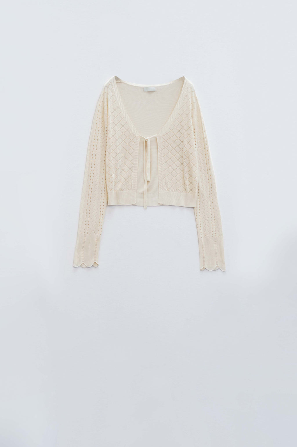 Beige Cardigan with Argyle Print and Tie Closing