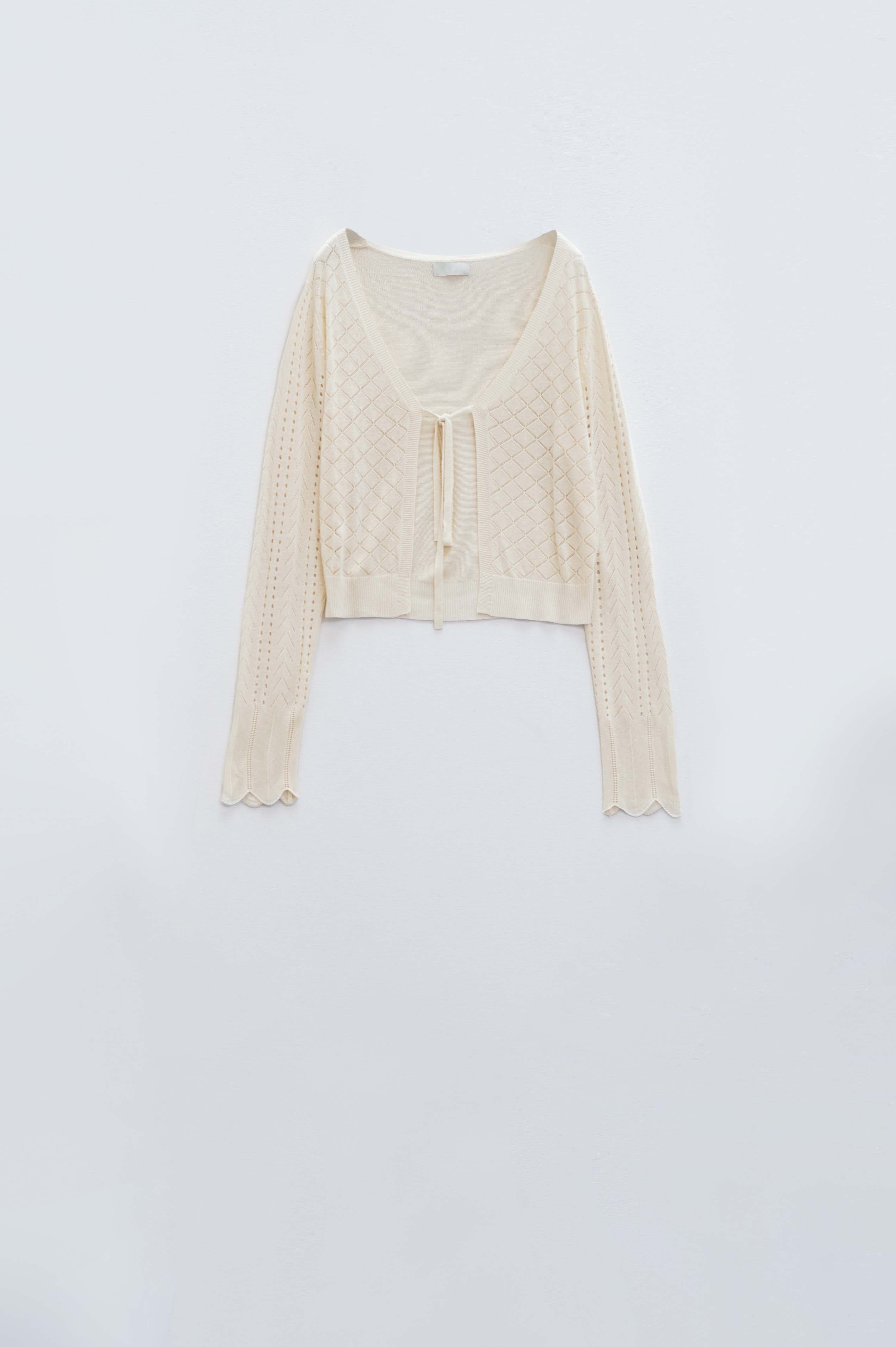 Beige Cardigan with Argyle Print and Tie Closing