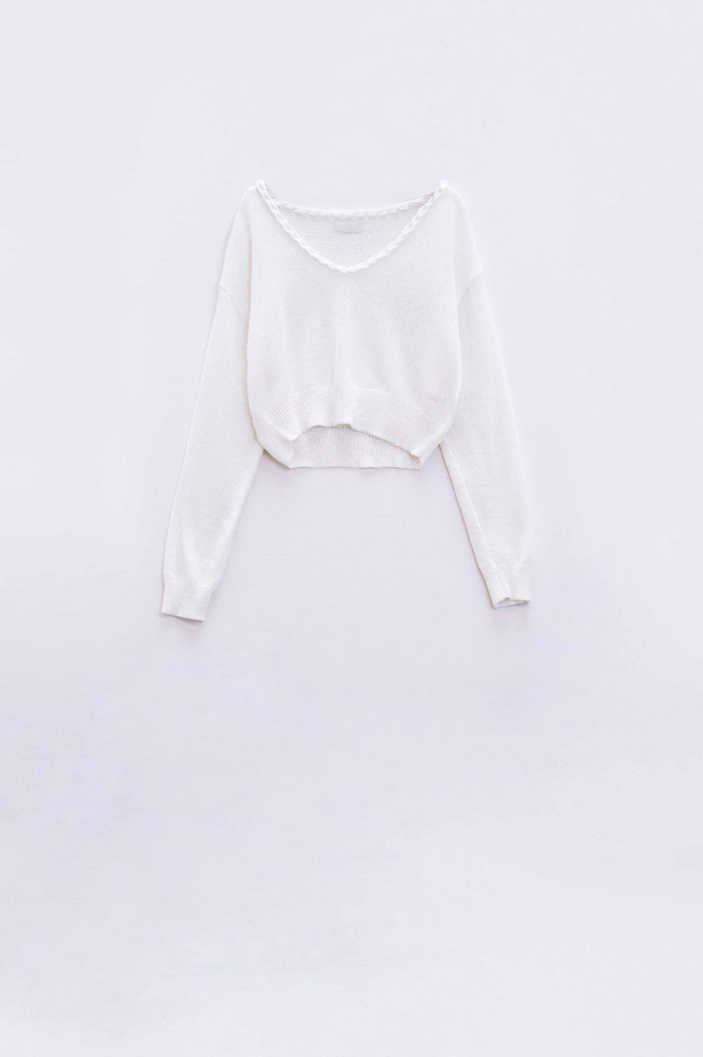 Wide V-neck cream Sweater With Braided Detail