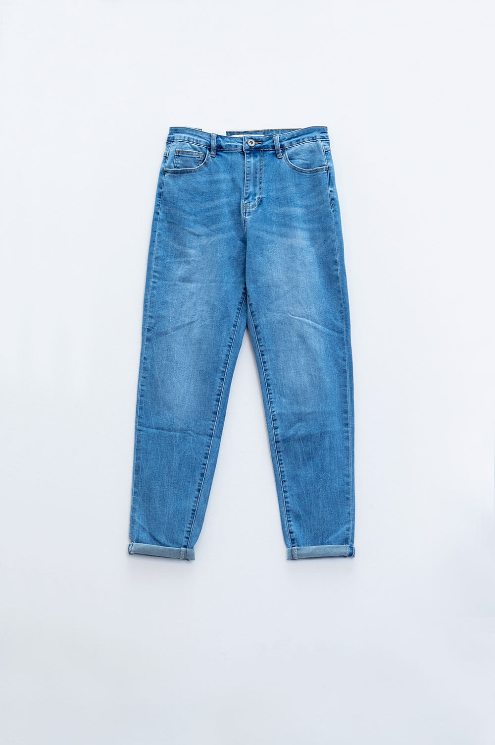 High Waist Mom Jeans In Mid Wash Stretch Denim