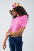 3/4 sleeves fuchsia knit sweater with zig zag stripes details