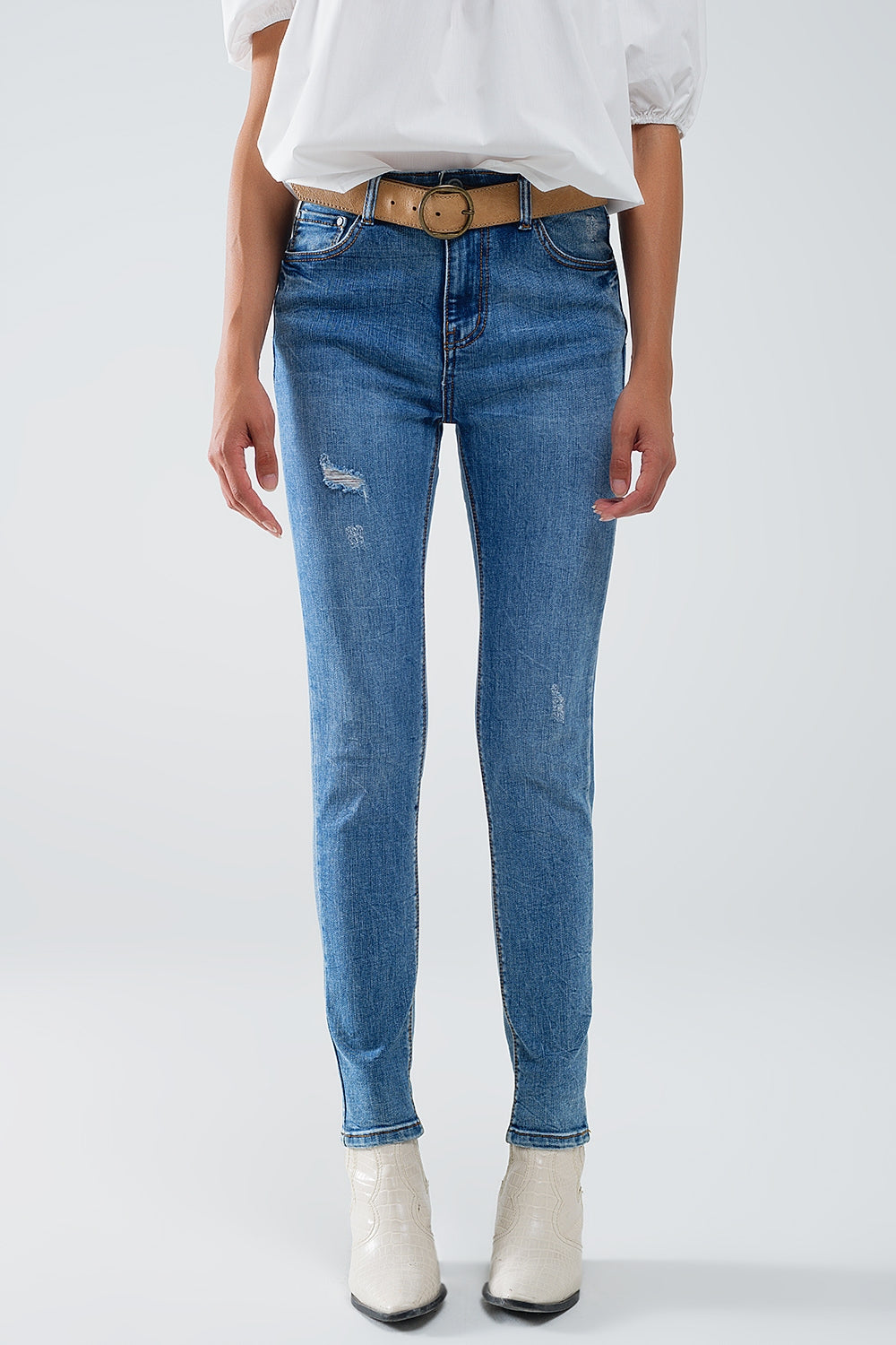Stretch Denim super Skinny Jeans In MIdwash With Distress Details