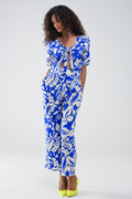 UNIKCOSA Short Sleeve Key Hole Front Floral Jumpsuit In Blue