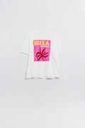 White Ibiza Bohemia Relaxed T-Shirt With Pink Print