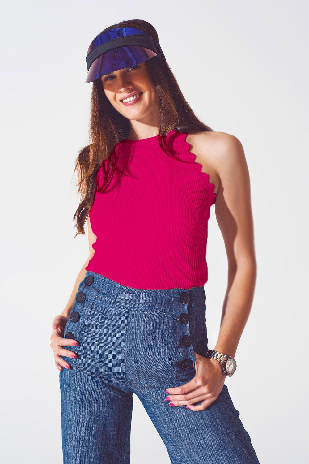 Ribbed Halter Top With Scalloped Finish in Fuchsia
