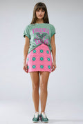Crochet Mini Skirt in Pink With Turquoise Flowers
