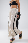 Linen Contrast Scallop Trim Pants in Beige