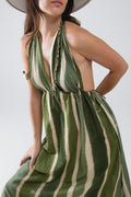 Maxi V-Neck Halter Dress With Side Slits In Striped Tie-dye Green