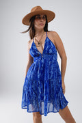 Halter Open Back BabyDoll Dress in snake Blue Print