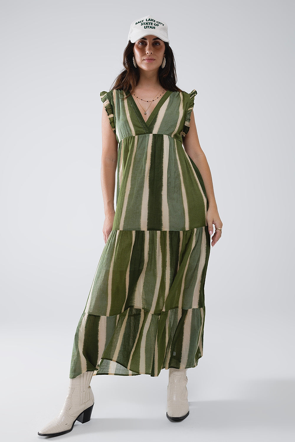 Maxi V-Neck Dress With Tiered Skirt In Striped Tie-dye Green