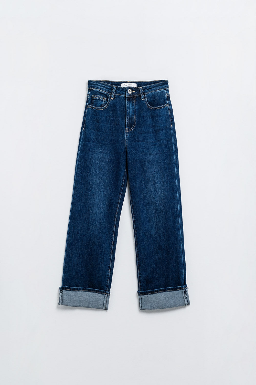 Dark Blue denim Straight Jeans With Folded Hem