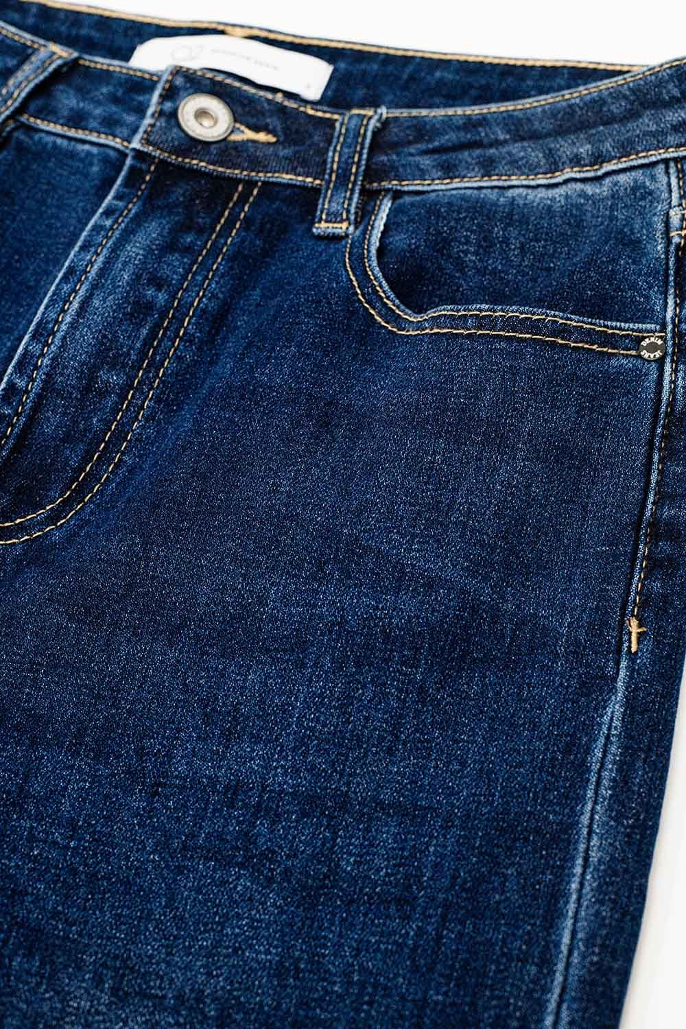 Dark Blue denim Straight Jeans With Folded Hem