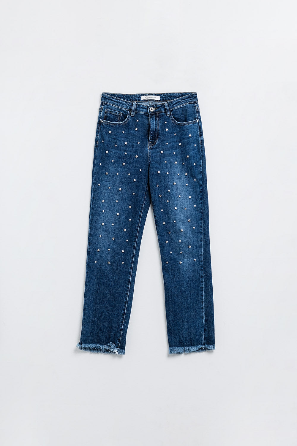 Straight Blue Jeans With Strass Front Details And Frayed Ends