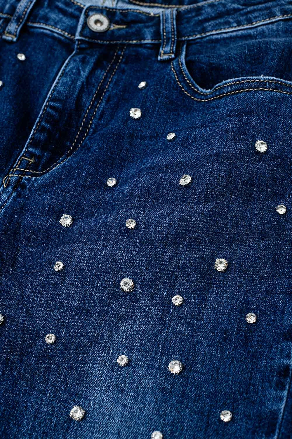 Straight Blue Jeans With Strass Front Details And Frayed Ends