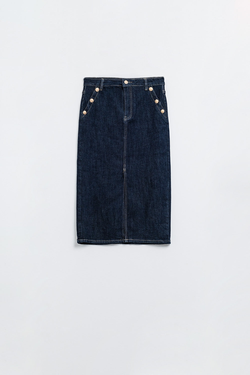Denim Skirt With Front Slit And Gold Buttons on Sides