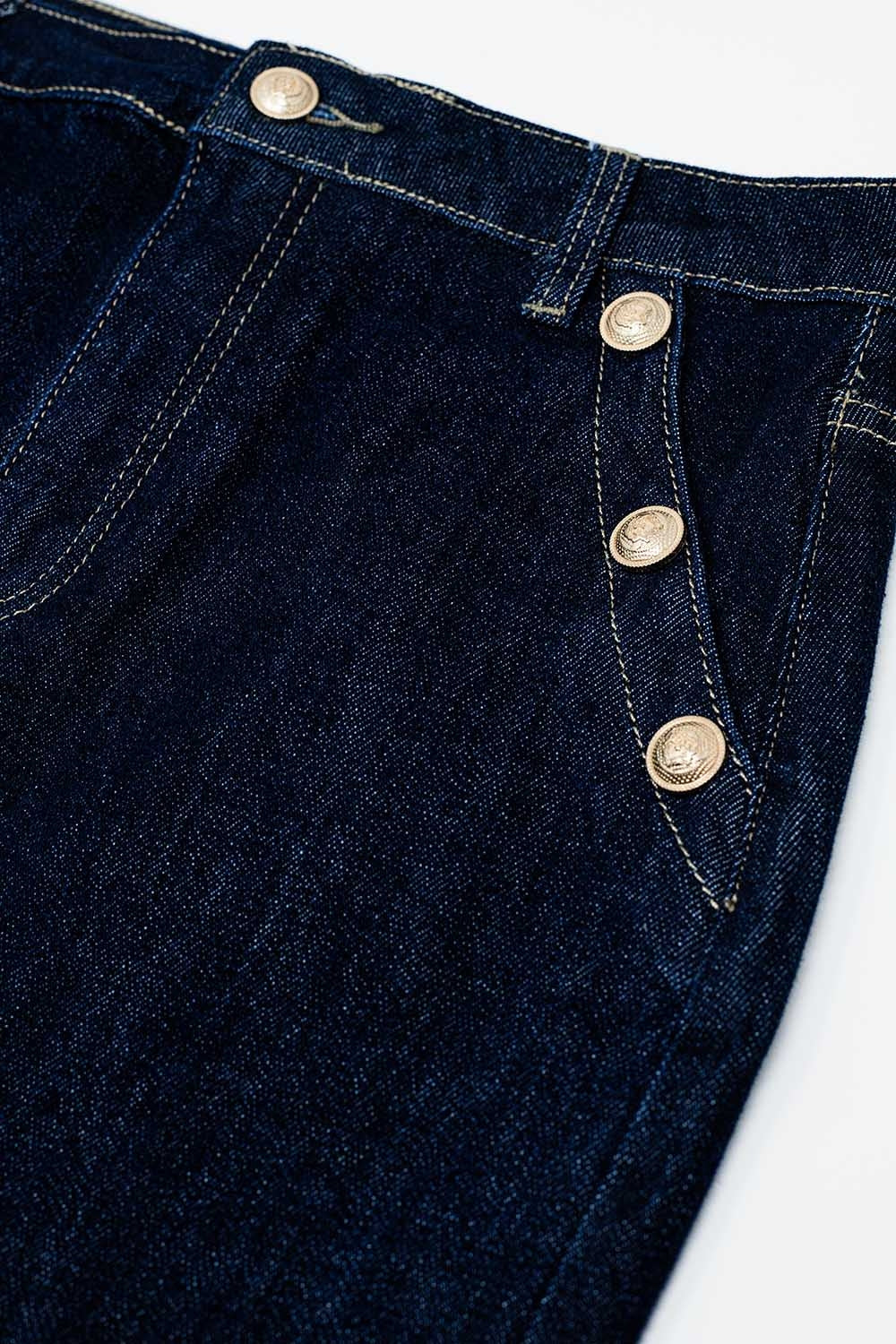 Denim Skirt With Front Slit And Gold Buttons on Sides
