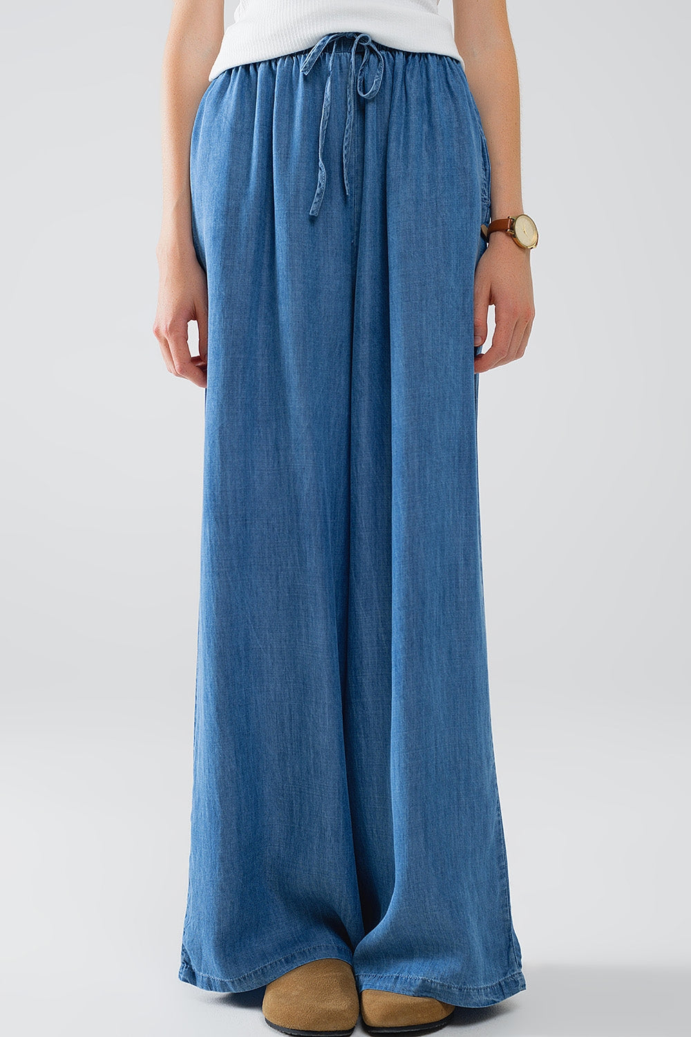 Blue tencel Denim-Style Wide-Leg Fluid Pants