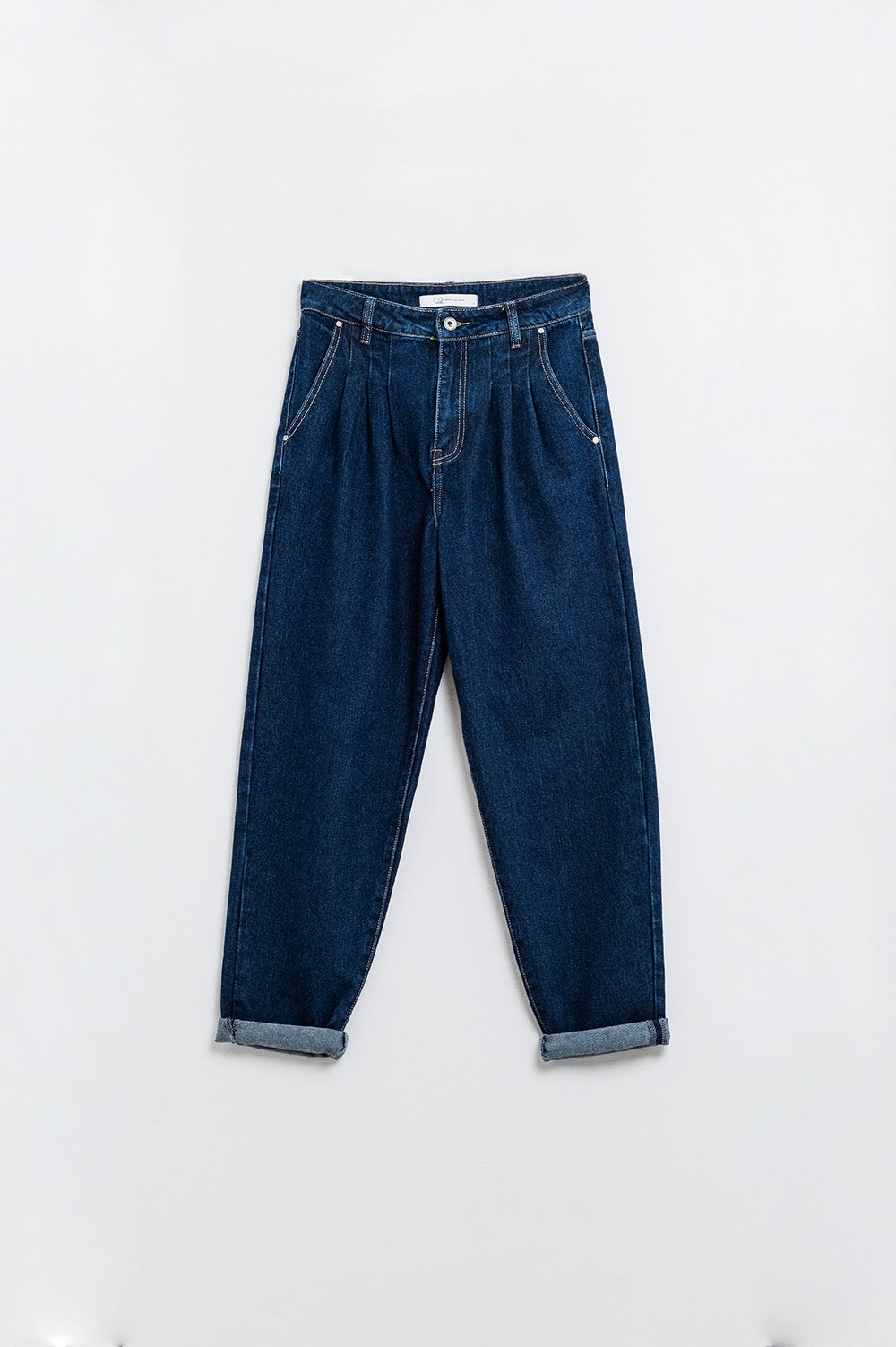 Raw Blue Mom Jeans With Pleated Detail