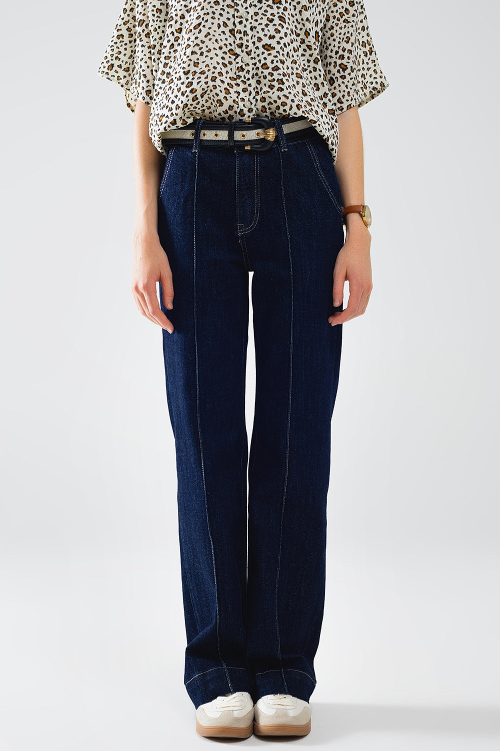 UNIKCOSA Dark Blue Contrast-Stitch Straight-Leg Jeans