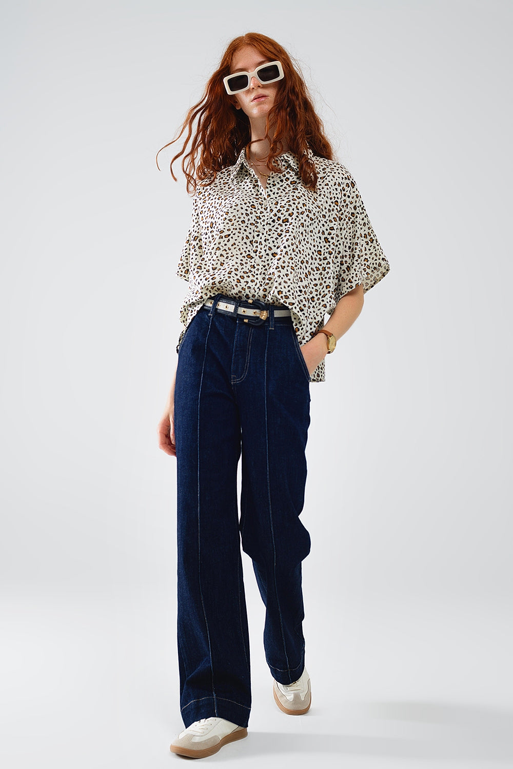 UNIKCOSA Dark Blue Contrast-Stitch Straight-Leg Jeans