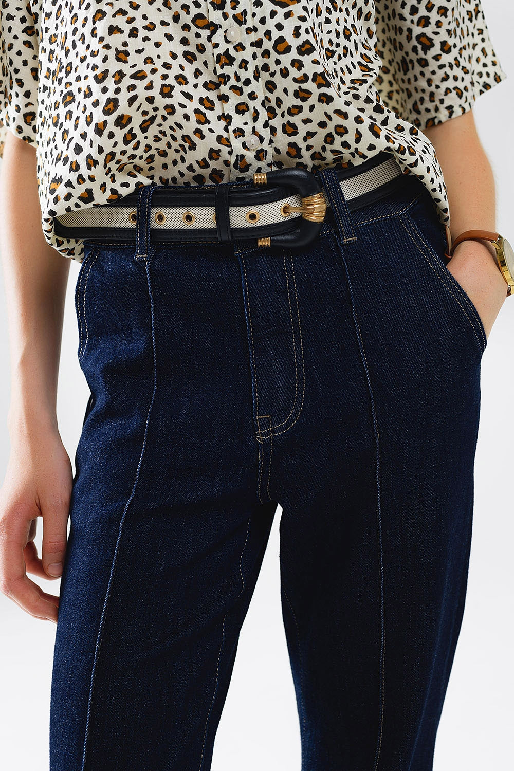 UNIKCOSA Dark Blue Contrast-Stitch Straight-Leg Jeans