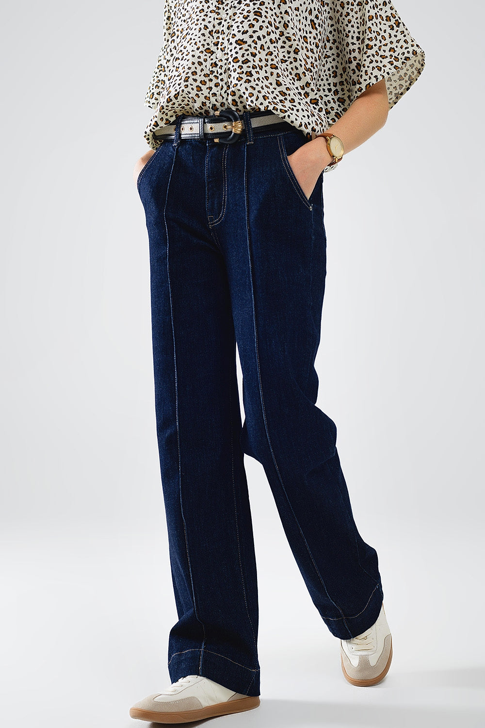 UNIKCOSA Dark Blue Contrast-Stitch Straight-Leg Jeans