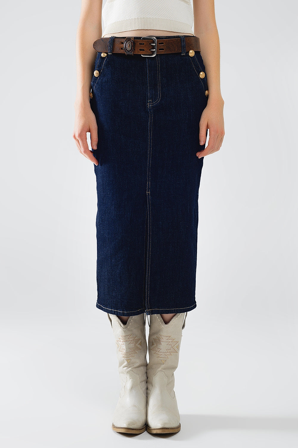 Denim Skirt With Front Slit And Gold Buttons on Sides