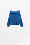 knitted fluffy boat neck sweater in blue