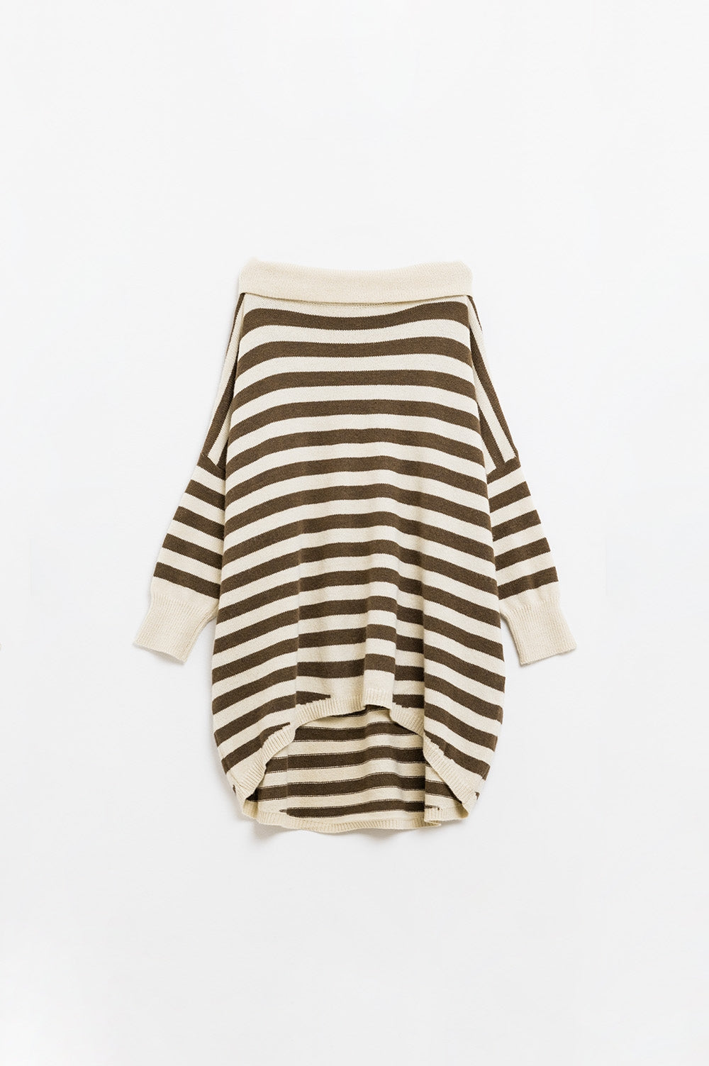 High Neck Oversized Swater With Bat Wings and Stripes in Cream and Brown