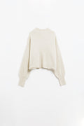 Fluffy beige sweater with high neck and balloon sleeves