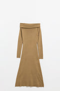 Maxi Knitted wide Bardot Dress in camel