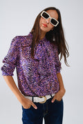 Tie At The Neck Animal Print Purple Blouse