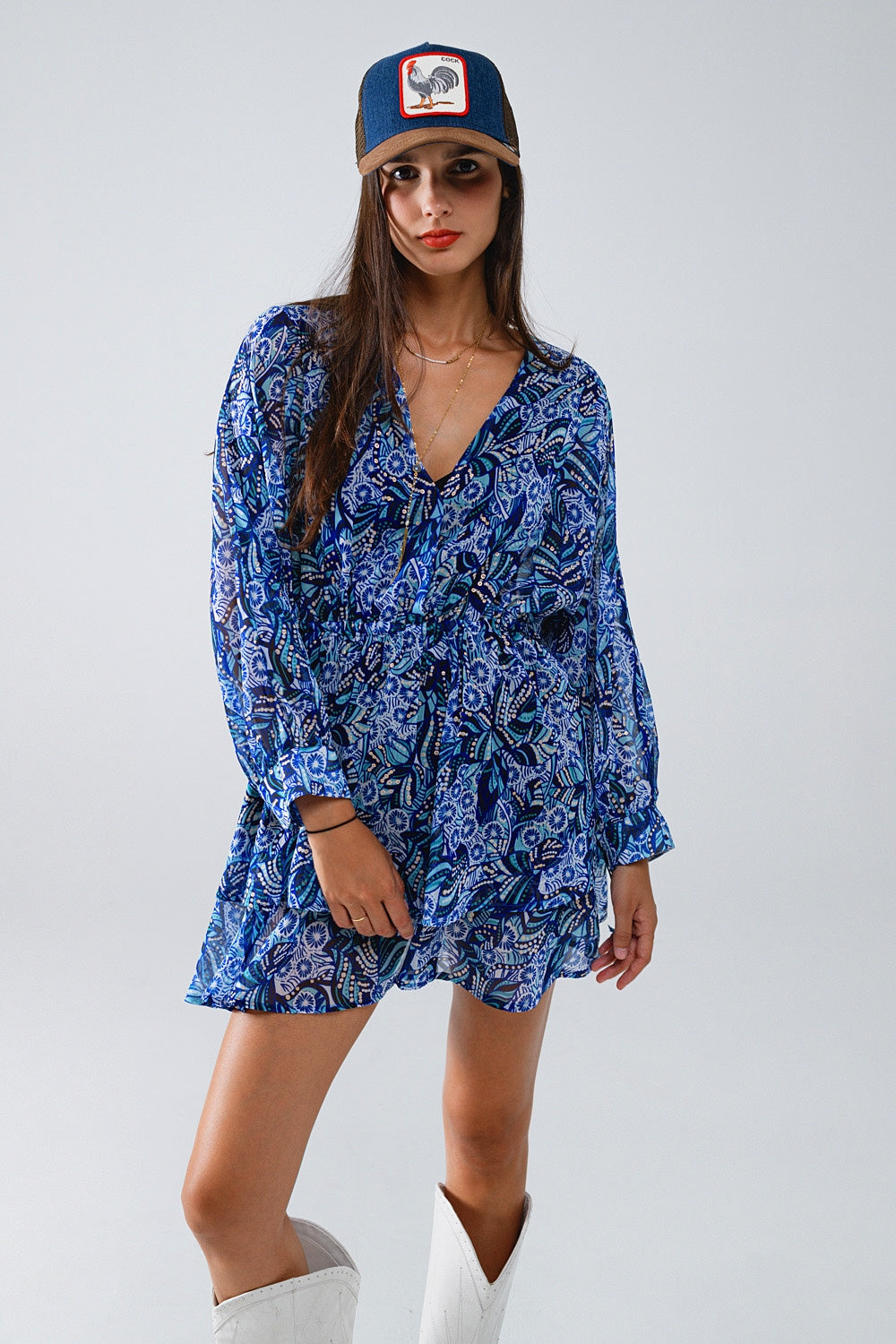 Blue abstract print short dress with adjustable waist