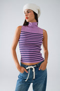 Striped Turtle Neck Tank Top In Lavander