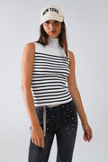 Striped Turtle Neck Tank Top In White