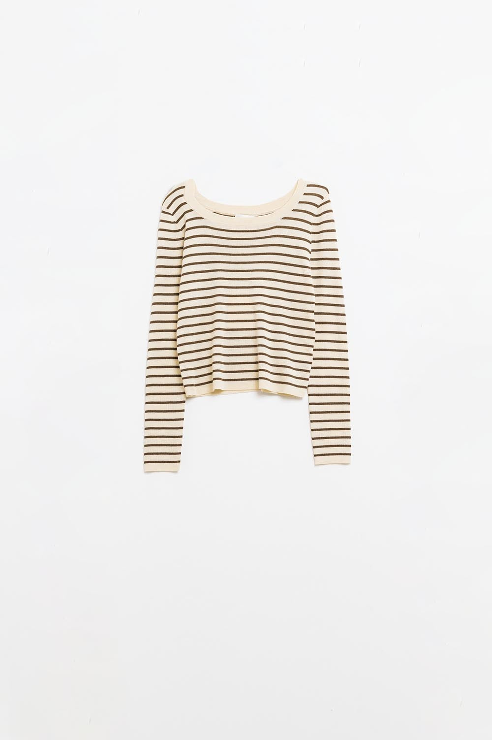 Beige striped fine knit sweater with boat neck